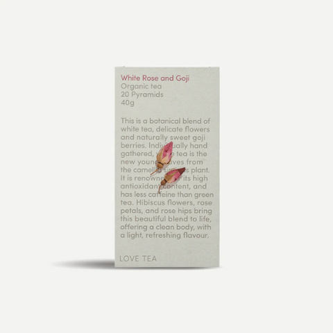 “Love Tea Organic White Rose and Goji Pyramid Tea Bags – White Tea with Rose and Goji Berries”