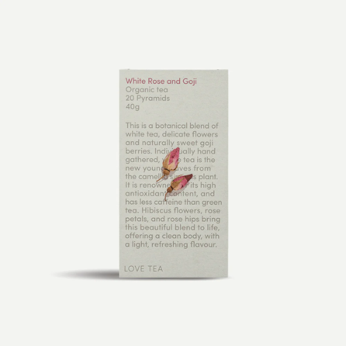 “Love Tea Organic White Rose and Goji Pyramid Tea Bags – White Tea with Rose and Goji Berries”